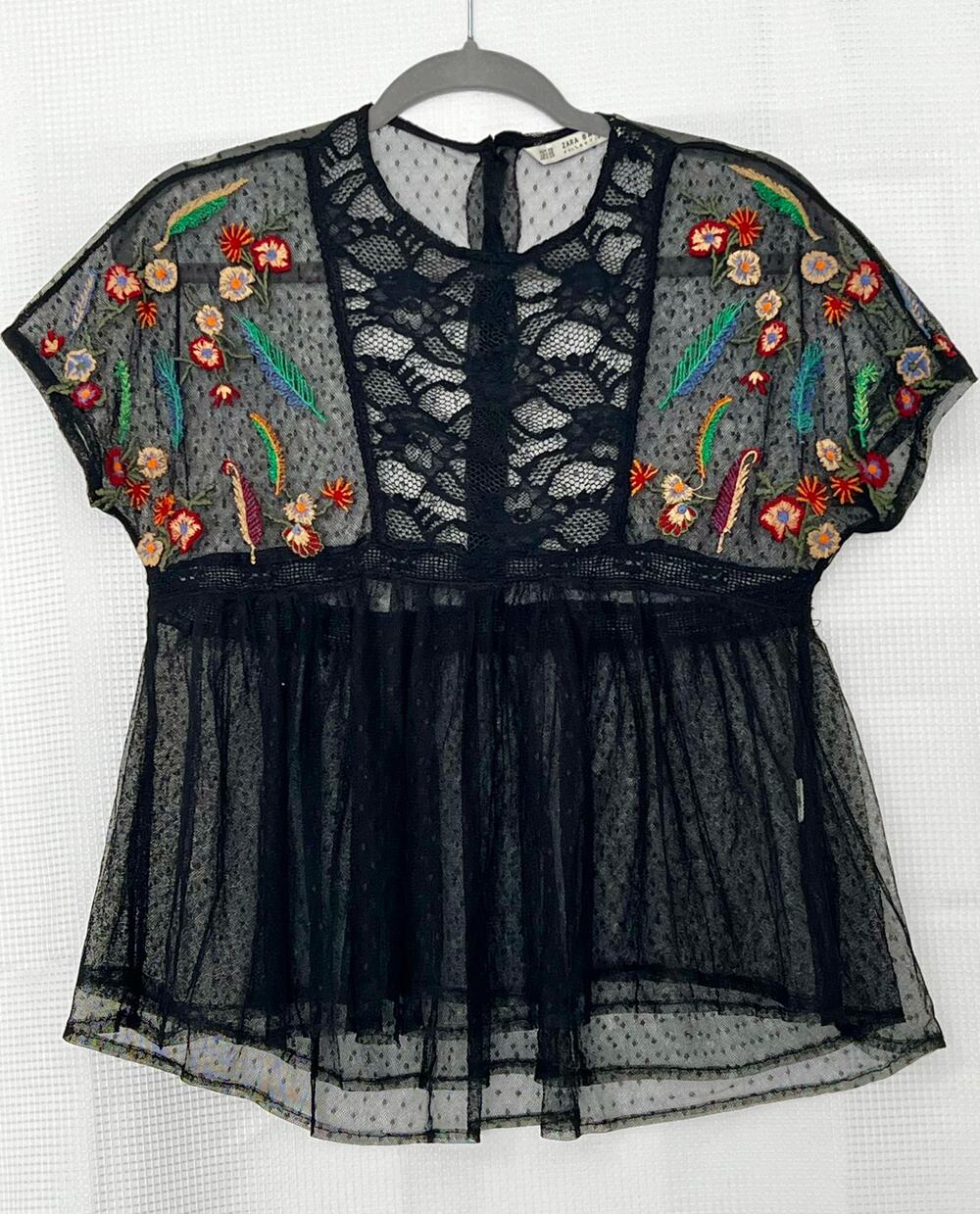 Zara Black/Multi colored Floral Embroidered Sheer Boho Blouse XS